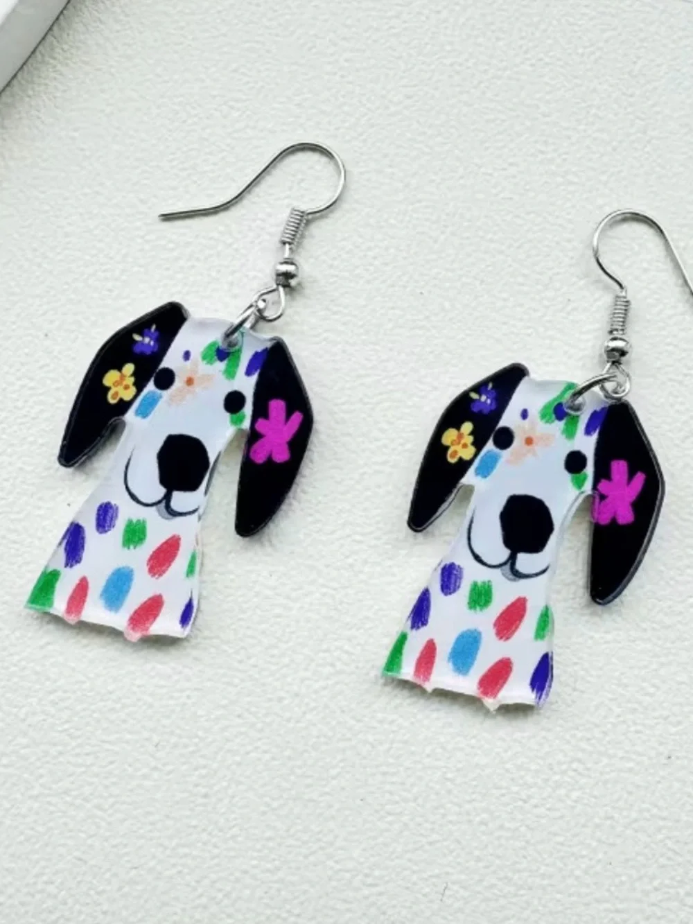 Cute Acrylic Dog Face Dangle Earrings - Pink and Multi Color Options- Summer